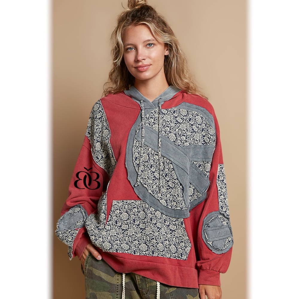 POL Red Floral Peace Patch Vintage Washed Hoodie